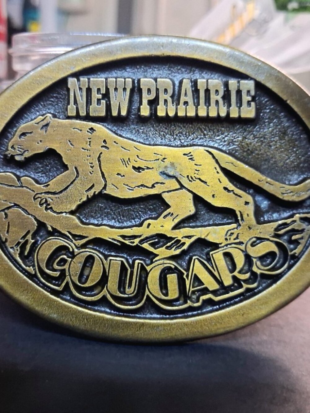 Vintage Koleaco Dallas Brass Belt Buckle New Prairie Cougars LaPorte Indiana S16